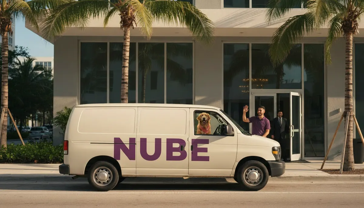 La camioneta de Nube frente a un edificio de Brickell; Mojito asoma por la ventana y Kevin saluda al portero