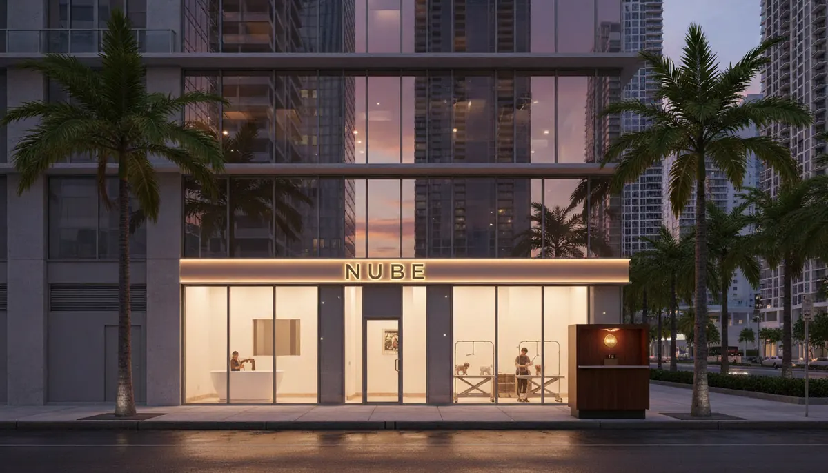 El salón de Nube al atardecer, en la planta baja de una torre de vidrio de Brickell, con el letrero encendido