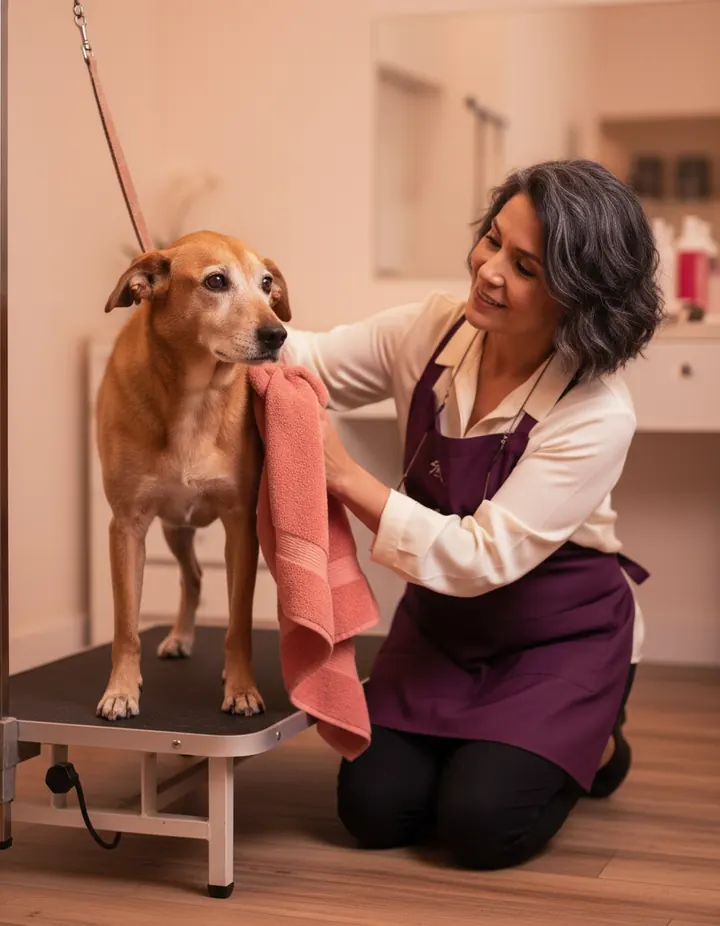 Luz, arrodillada junto a una mesa baja, seca con una toalla coral a Canela, una perrita de 13 años