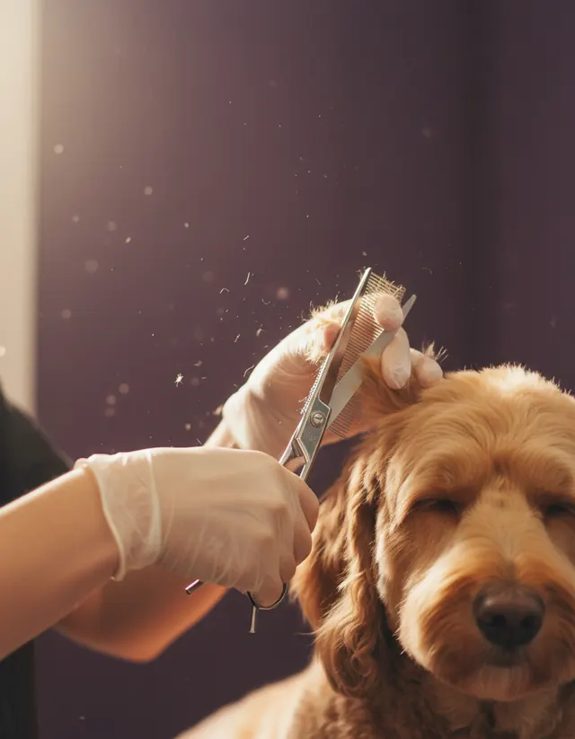 Unas manos cortan con tijera la oreja de un goldendoodle
