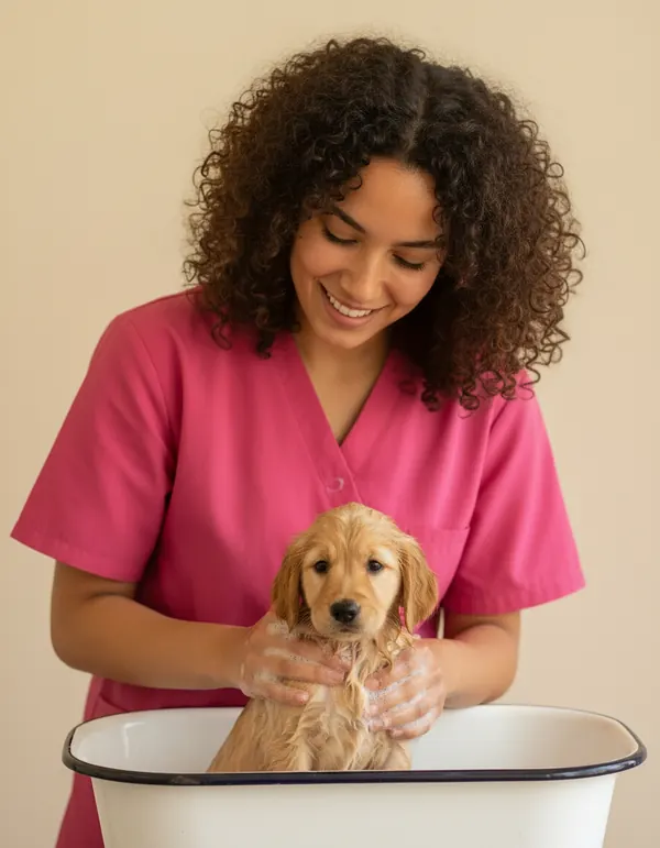 Marisol bañando a Canela, una cachorrita golden, en una tina chiquita