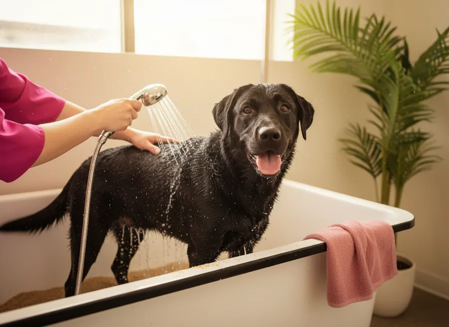 Tito, un labrador negro, en la tina mientras le sacan la arena con la ducha de mano