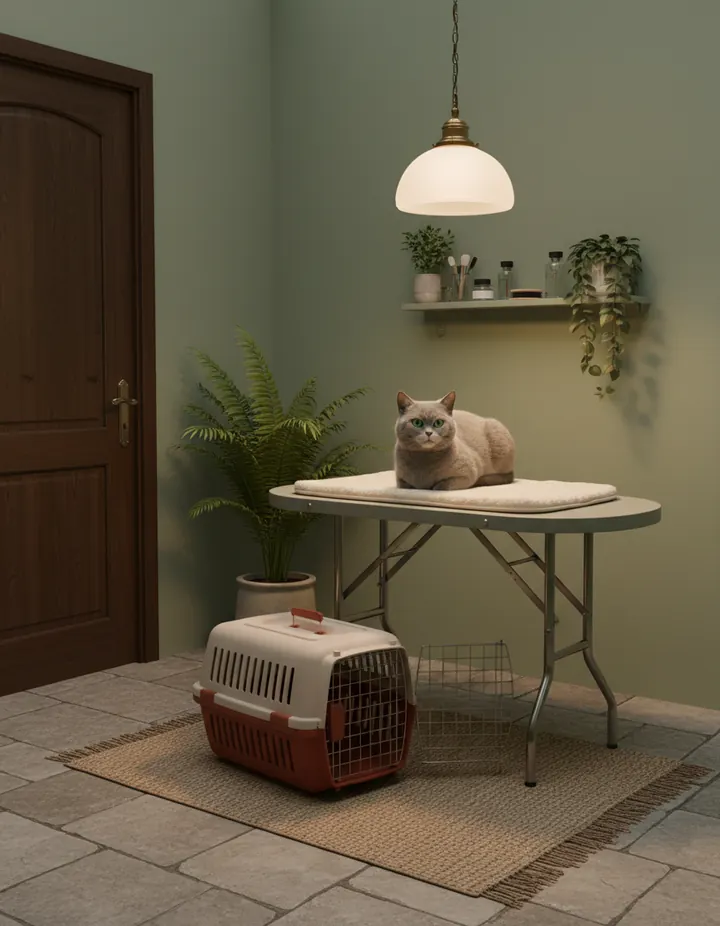 Un gato gris tranquilo sobre una mesa firme, en una sala con luz baja y una transportadora abierta al lado