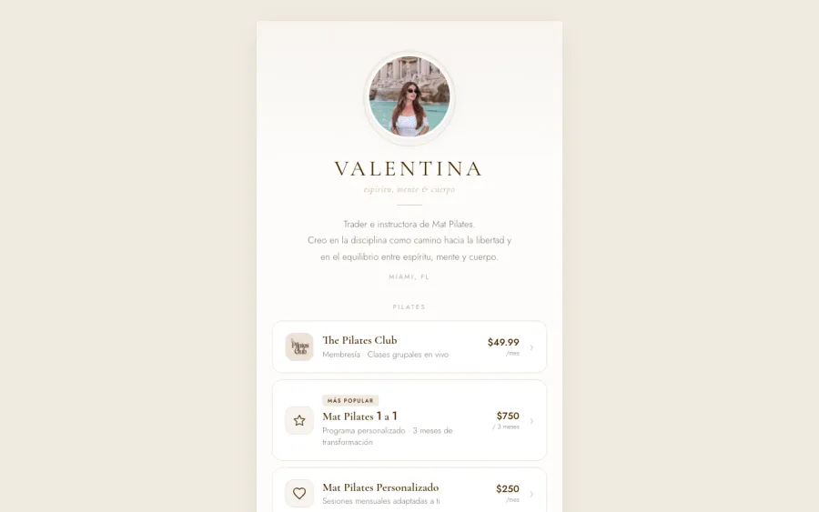 Página de Valentina Ochoa: sus programas de pilates con acceso directo a WhatsApp y Telegram