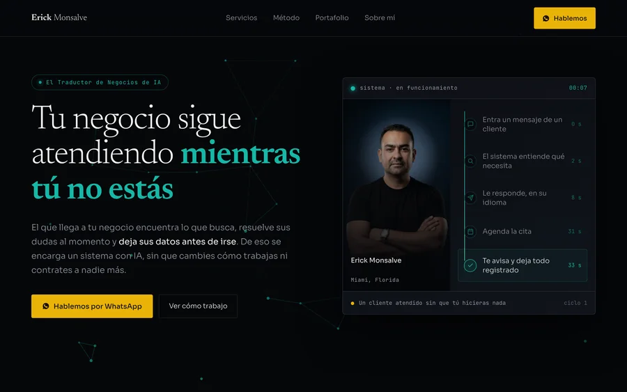 El rediseño de mi web: fondo oscuro y la demostración del sistema al lado del titular